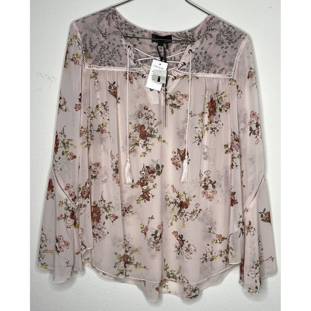 NWT I Jeans By Buffalo Women XL Sheer Pink Floral Blouse Romantic Saylor Light